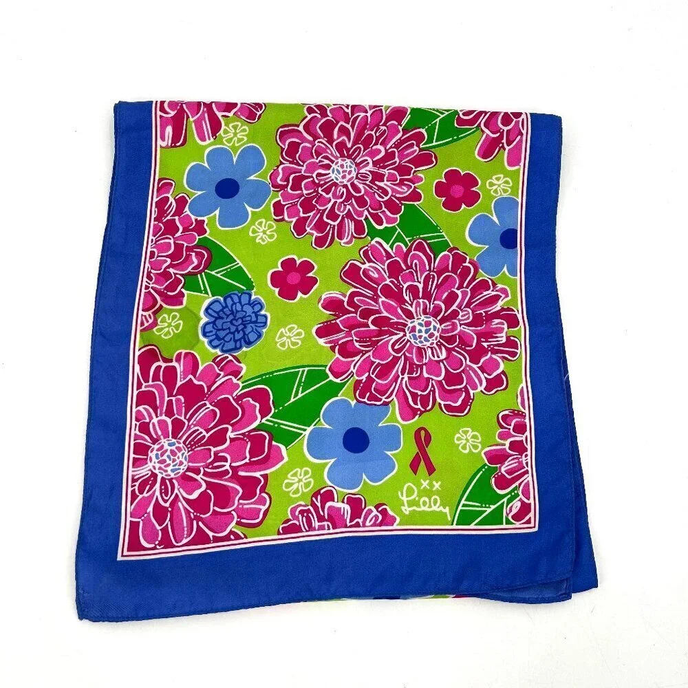 LILLY PULITZER *Flawed* Pink Blue Green Silk Floral Print Breast Cancer Scarf